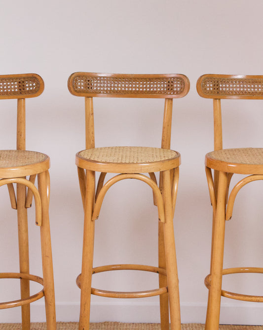 Série de 4 tabourets hauts bois et cannage