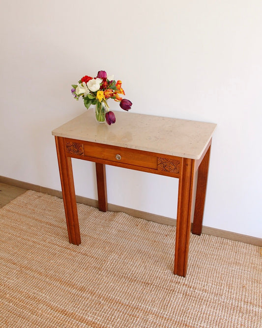 Console vintage - bois sculpté et plateau en marbre - style Art Déco