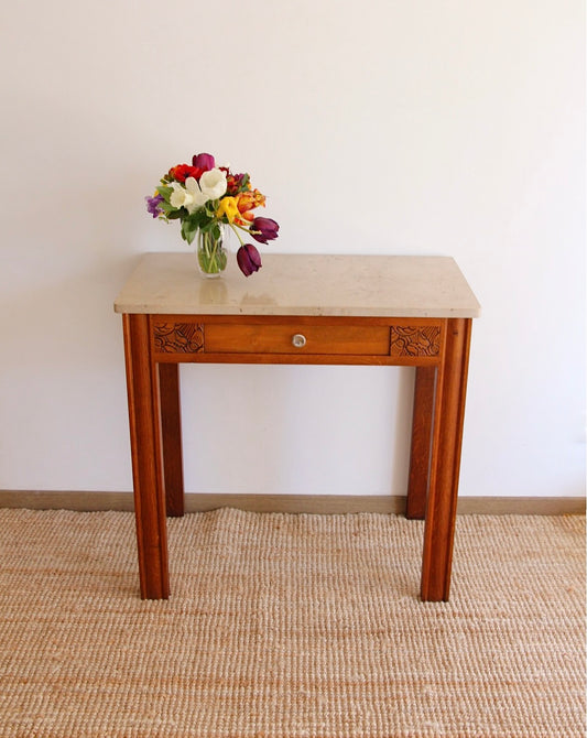 Console vintage - bois sculpté et plateau en marbre - style Art Déco
