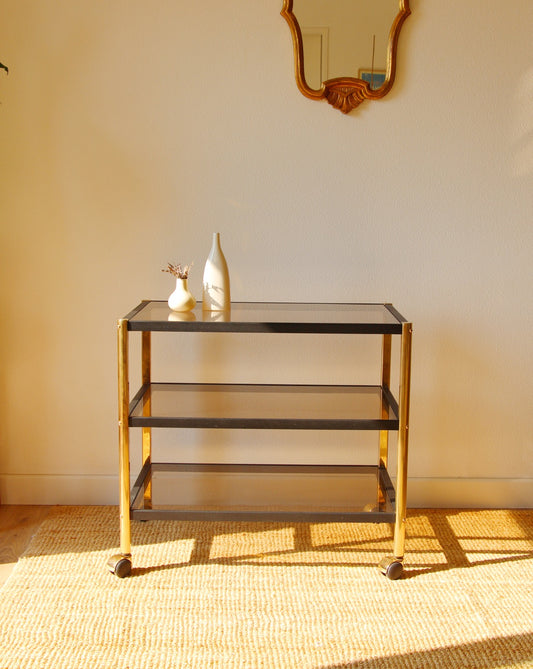 Desserte roulante années 70 verre fumé - Brocante Vannes Mobilier et Décoration Vintage