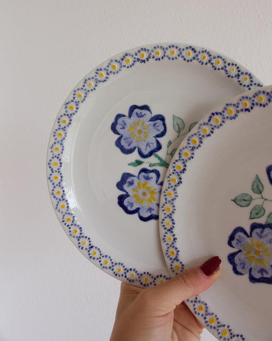 Paire d’assiettes porcelaine fleuries vintage peinte à la main, 1990