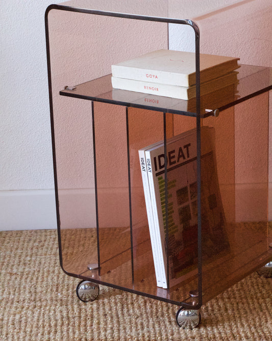 Table d'appoint/Bout de canapé vintage plexiglas fumé dans le goût de Michel Dumas