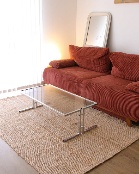 Table basse vintage chrome et verre fumé - Années 70 / brocante vannes mobilier et décoration vintage 