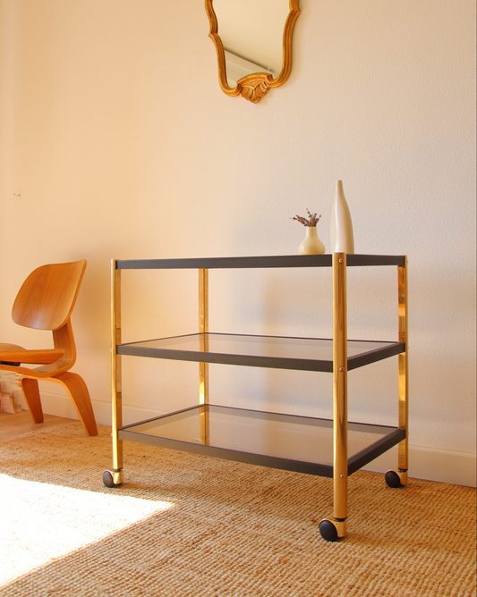 Desserte roulante années 70 verre fumé - Brocante Vannes Mobilier et Décoration Vintage