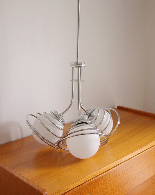 Suspension 3 globes en opaline et chrome, France, 1970